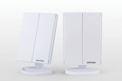 Vanity Makeup Mirror - Trifold Table Mirror with 32 LED Lights & 3X/2X/1X Magnification, Touch Screen, 360° Rotation, Two Power Supply - Gift for Women, White