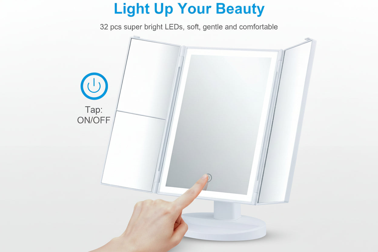 Vanity Makeup Mirror - Trifold Table Mirror with 32 LED Lights & 3X/2X/1X Magnification, Touch Screen, 360° Rotation, Two Power Supply - Gift for Women, White