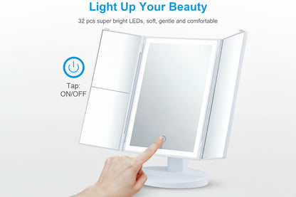 Vanity Makeup Mirror - Trifold Table Mirror with 32 LED Lights & 3X/2X/1X Magnification, Touch Screen, 360° Rotation, Two Power Supply - Gift for Women, White