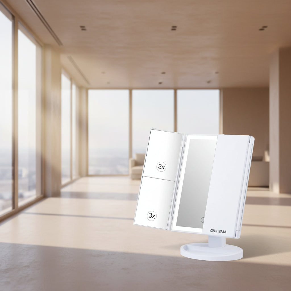Vanity Makeup Mirror - Trifold Table Mirror with 32 LED Lights & 3X/2X/1X Magnification, Touch Screen, 360° Rotation, Two Power Supply - Gift for Women, White
