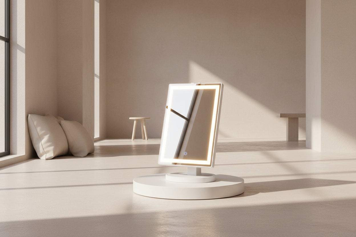 Vanity Makeup Mirror - Trifold Table Mirror with 32 LED Lights & 3X/2X/1X Magnification, Touch Screen, 360° Rotation, Two Power Supply - Gift for Women, White